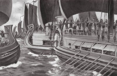Pierwsza walka morska w historii (litografia) autorstwa Allan Stewart