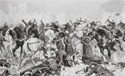 Ostatni bastion Radźputów przeciwko Mahometanom w 1192 r. n.e. (litografia) autorstwa Allan Stewart