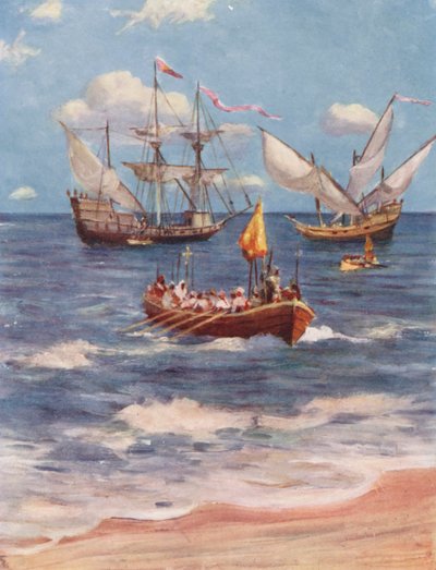 Vasco da Gama lądujący w Kalicut (kolorowa litografia) autorstwa Allan Stewart