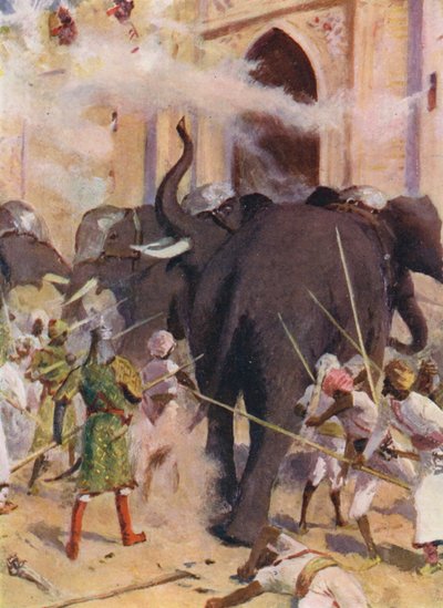 Słonie bojowe szarżują na bramę fortu w Arcot (kolorowa litografia) autorstwa Allan Stewart