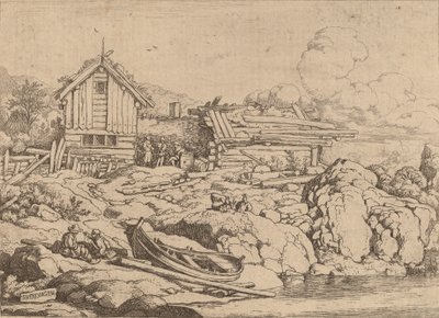 Łódź na brzegu rzeki z trzema kozami, prawdopodobnie ok. 16451656. autorstwa Allart van Everdingen