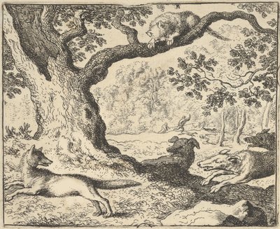 Po fałszywej historii Renarda jego ojciec jest ścigany przez psy myśliwskie z Hendrick van ..., 1650-75. autorstwa Allart van Everdingen