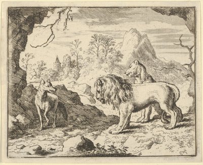 Renard przekonuje lwa i lwicę o znalezieniu skarbu, który jego ojciec ukradł im…, 1650-75. autorstwa Allart van Everdingen