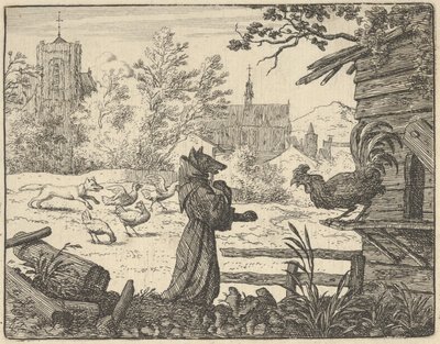 Renard, przebrany za mnicha, zyskuje zaufanie koguta, 1650-75. autorstwa Allart van Everdingen