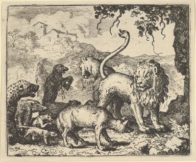 Renard zostaje oskarżony przez wilka i kilka zwierząt, 1650-75. autorstwa Allart van Everdingen