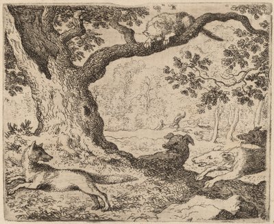 Ojciec Reynarda i kot ścigany przez psy prawdopodobnie ok. 16451656. autorstwa Allart van Everdingen