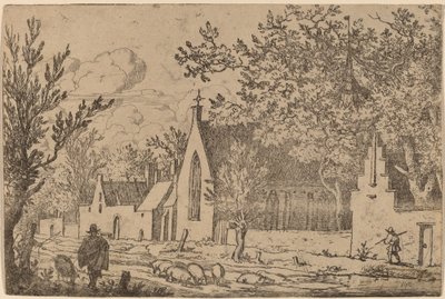 Stado świń przy kaplicy, prawdopodobnie ok. 16451656. autorstwa Allart van Everdingen