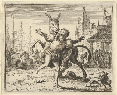 Osioł, zazdrosny o uwagę, jaką pies przywiązuje do swego pana, chce naśladować…, 1650-75. autorstwa Allart van Everdingen
