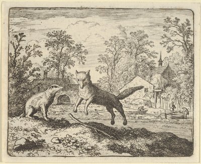 Borsuk nakłada karę za trzykrotny skok przez kij na ziemi, 1650-75. autorstwa Allart van Everdingen