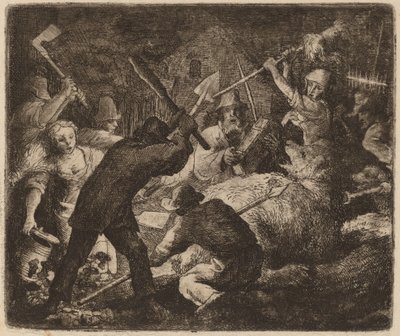 Niedźwiedź zaatakowany przez chłopów, prawdopodobnie ok. 16451656. autorstwa Allart van Everdingen