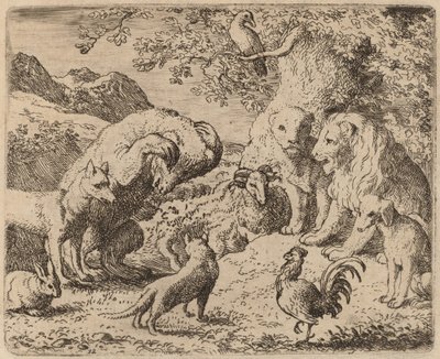 Niedźwiedź błaga lwa o sprawiedliwość, prawdopodobnie ok. 16451656. autorstwa Allart van Everdingen