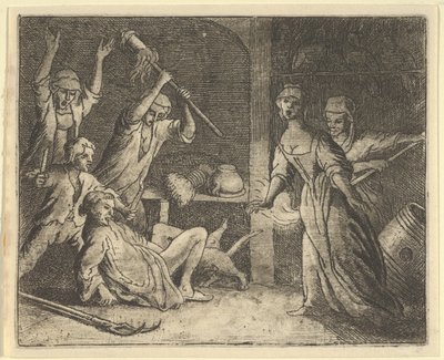 Kot, złapany w sidła, jest maltretowany przez ludzi z domu, 1650-75. autorstwa Allart van Everdingen