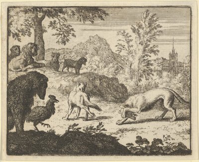 Lew pozwala na walkę między wilkiem a Renardem, 1650-75. autorstwa Allart van Everdingen