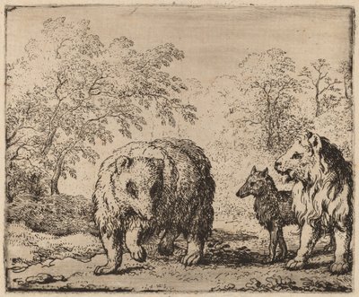 Lew uwalnia niedźwiedzia i wilka, prawdopodobnie ok. 16451656. autorstwa Allart van Everdingen