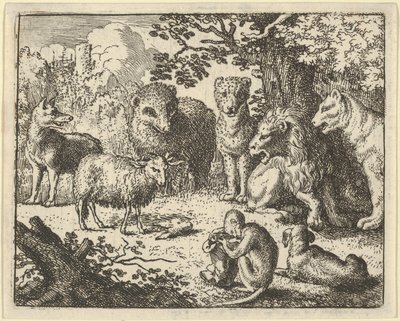 Małpa otwiera paczkę i zabiera głowę królika ku wielkiej niespodziance..., 1650-75. autorstwa Allart van Everdingen