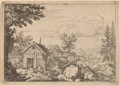 Dwóch mężczyzn w drzwiach chaty, prawdopodobnie ok. 16451656. autorstwa Allart van Everdingen