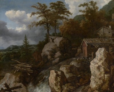 Wodospad z chatami z bali, ok. 1665-1670 (olej na płótnie) autorstwa Allart van Everdingen