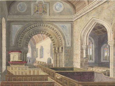 Wnętrze kościoła w Longdon: malarstwo akwarela, ndc 1842 autorstwa Allen Edward Everitt