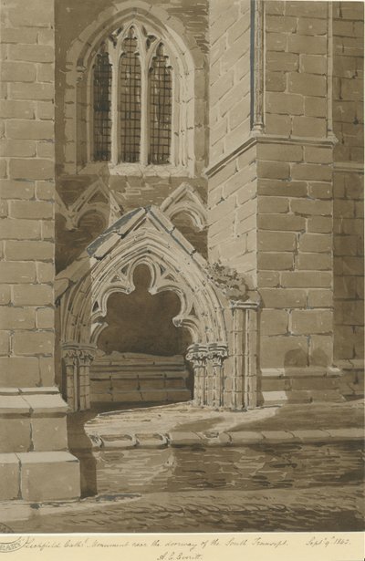 Katedra w Lichfield – południowy transept: rysunek w czerwonej sepii, 9 września 1842 r. autorstwa Allen Edward Everitt