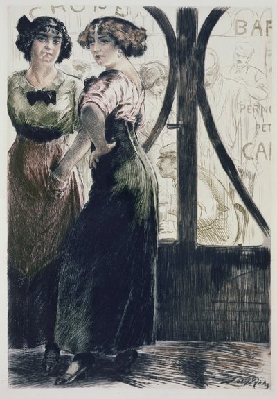 Street Girls, z Paris: Moeurs, Costumes et Attitudes 1912-13, t. 1: Les Bars”, wydana 1914 (kolor lito) autorstwa Almery Lobel Riche
