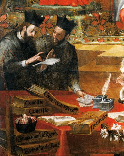 Rozmowa między dwoma jezuitami, fragment św. Rajmunda z Penafort, doradcy papieża Grzegorza IX, autorstwa Alonso Antonio Villamora (1661-1729). Z klasztoru św. Stevena w Salamance w Hiszpanii. autorstwa Alonso Antonio Villamor