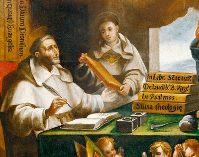 Św. Albert Wielki i św. Tomasz z Akwinu, szczegół, św. Paweł ukazuje się św. Albertowi Wielkiemu i św. Tomaszowi z Akwinu, Alonso Antonio Villamor (1661-1729). Klasztor San Esteban, Salamanka. autorstwa Alonso Antonio Villamor