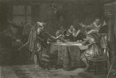 Henry Hudson otrzymuje zlecenie od Holenderskiej Kompanii Wschodnioindyjskiej, 1609 r. autorstwa Alonzo Chappel