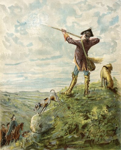 Baron Munchausen znajduje wspaniałego strzelca w Kalifornii z „Przygód barona Munchausena” Rudolfa Ericha Raspe (1736-94) wydanej ok. 1886 r. (kolor lito) autorstwa Alphonse Adolphe Bichard
