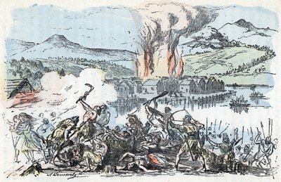 Prehistoria: scena wojny na początku epoki żelaza, pożar osady na palach Rycina z „” La nature et l