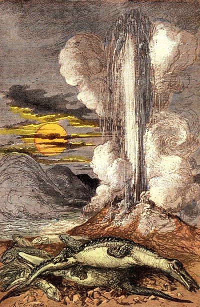Jadowite erupcje wód termalnych w okresie triasu. Stworzenie i istoty żywe (autor: Jules Renegade). Rysunek A. Demarle