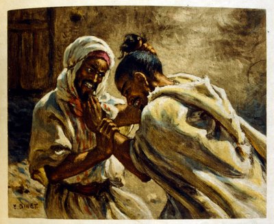 Ilustracja Dinet z „Mirages” Sceny z życia Arabów. 1906. Mirages, Scénes De La Vie Arab został zilustrowany przez Etienne Dinet z komentarzem Silmana Ben Ibrahima Bamera. Nasreddine Dinet urodził się jako Alphonse-Étienne Dinet; (1861-1929) był francuskim  autorstwa Alphonse Etienne Dinet