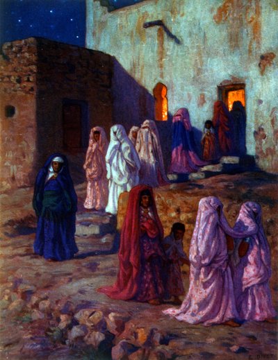 Ilustracja przedstawiająca muzułmańskie Arabki świętujące „Mawlid” (Narodziny Proroka). obchody urodzin islamskiego proroka Mahometa. Nasreddine Dinet (Alphonse-Étienne Dinet). 1861 1929. francuski malarz orientalista. 1918. autorstwa Alphonse Etienne Dinet