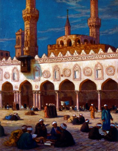 Ilustracja przedstawiająca uczonych i studentów studiujących na Uniwersytecie Al Azhar. Nasreddine Dinet (Alphonse-Étienne Dinet). 1861 1929 autorstwa Alphonse Etienne Dinet