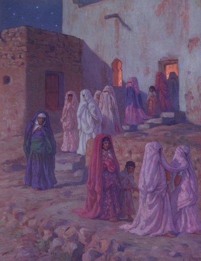 Muzułmanie opuszczający wiejski meczet w wigilię Mouled, ilustracja z historii życia proroka Mahometa, opublikowana w Paryżu w 1918 r. autorstwa Alphonse Etienne Dinet