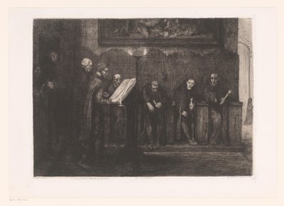 Ośmiu mężczyzn wokół mównicy Le lutrin (tytuł na obiekcie) autorstwa Alphonse Legros