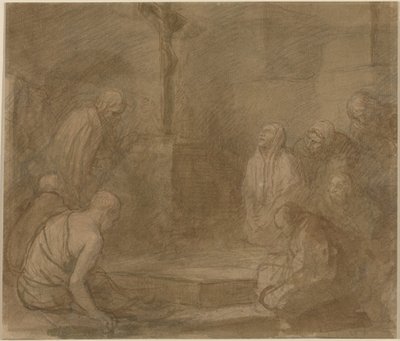 U stóp krzyża (pióro i brązowy tusz z brązowym tuszem na graficie na kładzionym papierze) autorstwa Alphonse Legros