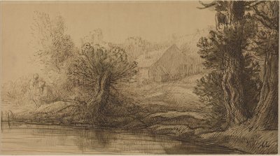 Brzeg rzeki (pióro i brązowy tusz z brązowym tuszem na tekturze) autorstwa Alphonse Legros