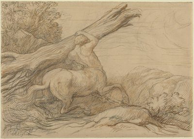 Centaur niosący pień drzewa (brązowy i zielony tusz na graficie) autorstwa Alphonse Legros
