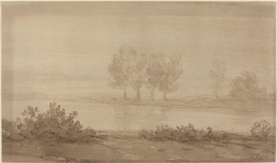 Krajobraz - Cztery drzewa za rzeką autorstwa Alphonse Legros