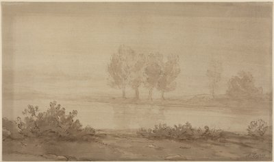 Pejzaż - cztery drzewa za rzeką autorstwa Alphonse Legros