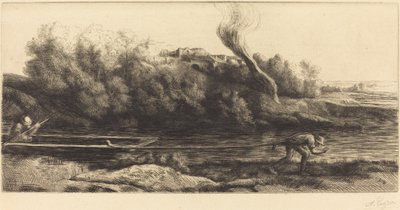 Pejzaż z łodzią, 2. płyta (Paysage au bateau) autorstwa Alphonse Legros