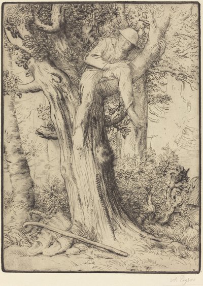 Krajobraz z chłopcem na drzewie autorstwa Alphonse Legros