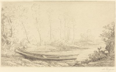 Człowiek z łódką, rysunek po prawej Pecheurs des truites. autorstwa Alphonse Legros