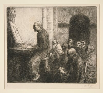 Mnich grający na organach w kościele autorstwa Alphonse Legros