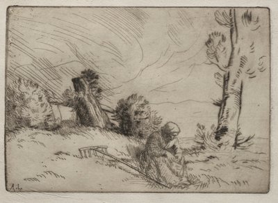 Wieśniaczka siedząca w pobliżu żywopłotu autorstwa Alphonse Legros