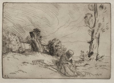 Chłopka siedząca w pobliżu żywopłotu. autorstwa Alphonse Legros