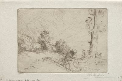 Chłop w pobliżu kamiennego ogrodzenia. autorstwa Alphonse Legros