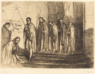 Procesja opuszczająca kościół (La sortie de la procesja) autorstwa Alphonse Legros