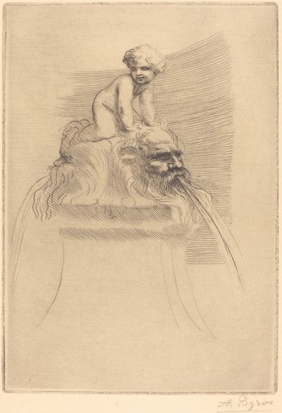 Mała fontanna, dziecko bawiące się na groteskach Mała fontanna, dziecko bawiące się na maskach. autorstwa Alphonse Legros