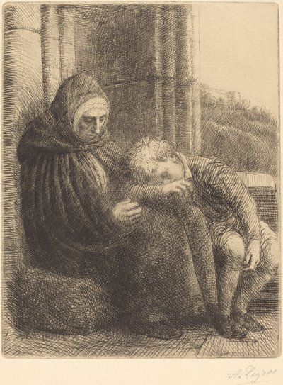 Kobieta siedząca pod ścianą, dziecko z głową na kolanach Femme assses, muraille.... autorstwa Alphonse Legros